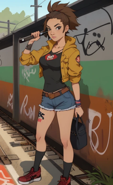 A rebellious young woman doing graffiti at a a railroad underpass