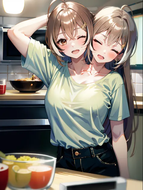 (masterpiece, best quality), best resolution, (3heads:1.5), 1girl, nanashi mumei, weary, headache, hangover, in pain, dizzy, blond hair, brown eyes, one eye closed, open mouth, light blue t-shirt, tan pants, hand on forehead, apartment kitchen