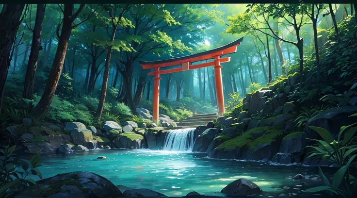 a torii, dark forest, small waterfall, brook, clear water, moon, mystical