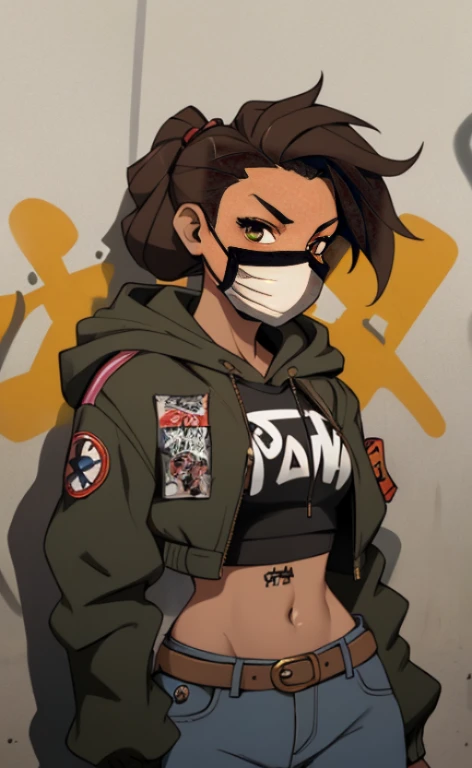 A rebellious young woman, wearing a croptop and a jacket with a hood, protective mask, equipped with a spray can, doing graffiti at a a railroad underpass