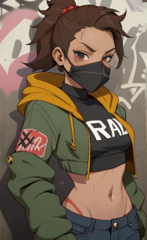 A rebellious young woman, wearing a croptop and a jacket with a hood, protective mask, equipped with a spray can, doing graffiti at a a railroad underpass