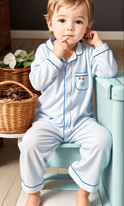 There is a little boy sitting on a blue plastic chair, poop, Portrait photos, photo shot, Next to it is a basket filled with medicinal herbs, wearing a baggy pajamas, 8K, personal profile picture, very coherent image, , Wearing white cartoon pajamas, promo...