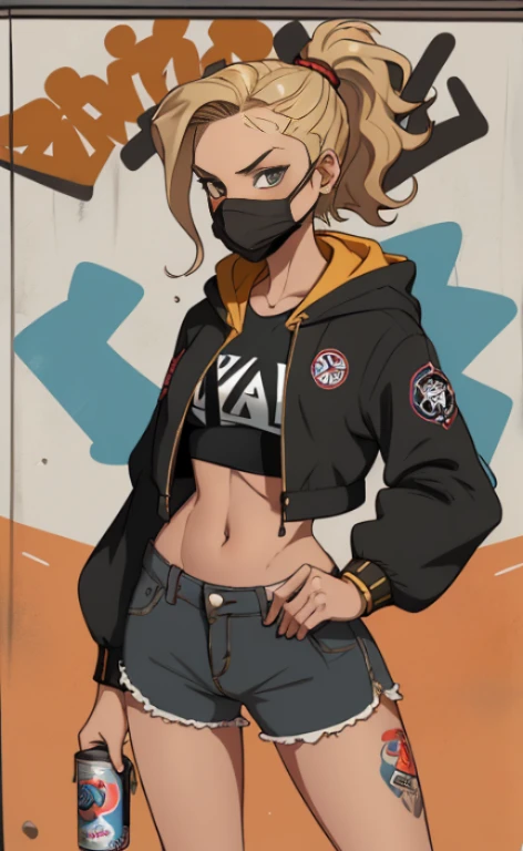 A rebellious young woman, wearing a croptop, sportsshorts and a jacket with a hood, protective mask, wavy blonde hair in a ponytail, equipped with a spray can, doing graffiti at a a railroad underpass