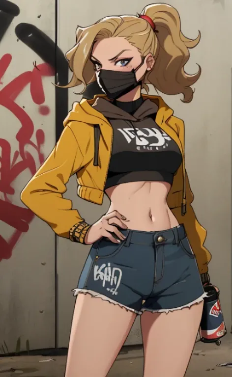 A rebellious young woman, wearing a croptop, sportsshorts and a jacket with a hood, protective mask, wavy blonde hair in a ponytail, equipped with a spray can, doing graffiti at a a railroad underpass