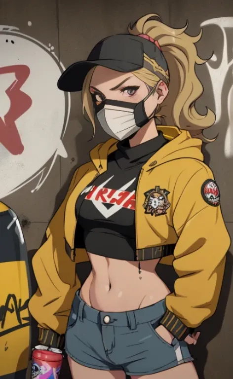 A rebellious young woman, wearing a croptop, sportsshorts and a jacket with a hood, protective mask, wavy blonde hair in a ponytail, equipped with a spray can, doing graffiti at a a railroad underpass