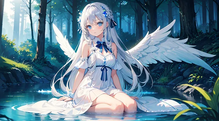 (1girl, silver hair, long hair, blue eyes, white sundress, angel wings, cute, kawaii), (sitting in a forest, fantasy forest, blue moon, clear stream, glowing blue color)