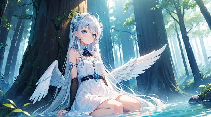 (1girl, silver hair, long hair, blue eyes, white sundress, angel wings, cute, kawaii), (sitting in a forest, fantasy forest, blue moon, clear stream, glowing blue color)