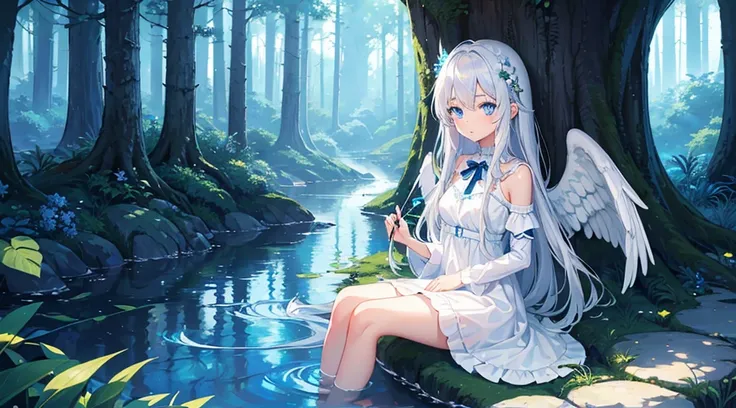 (1girl, silver hair, long hair, blue eyes, white sundress, angel wings, cute, kawaii), (sitting in a forest, fantasy forest, blue moon, clear stream, glowing blue color)