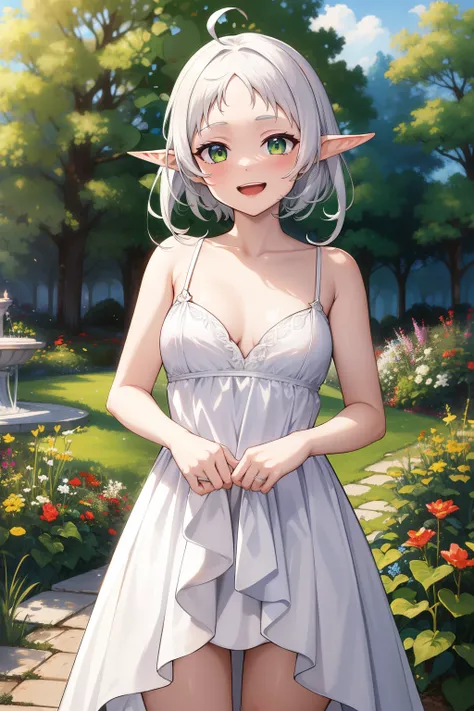 Erotic, 18+, nsfw, masterpiece, best quality, highres, aarurutie,1girl, wedding dress, white dress, standing, garden, smile, open mouth, short white hair, ahoge, elf ears, green eyes