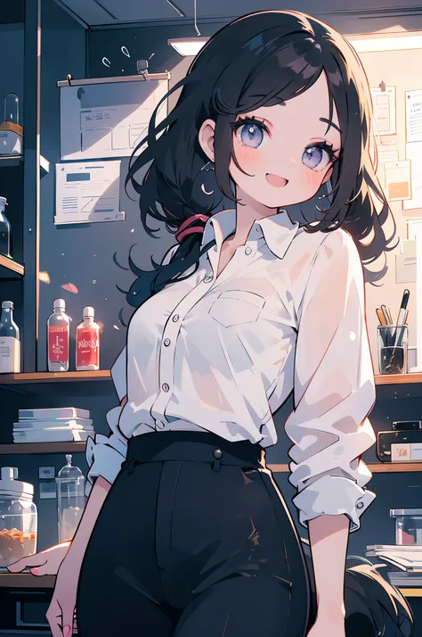 a girl who is happy and excited after finishing work,office casual style,shiny black long ponytail hair,the girl smiles happily,...