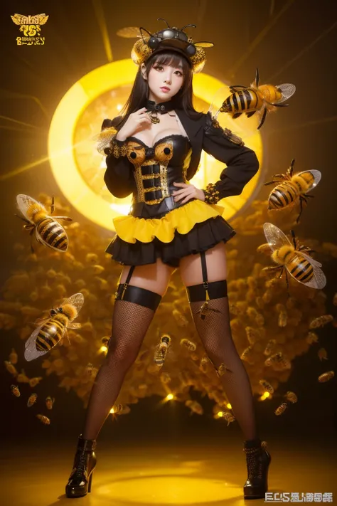 Female idol covered in bees、full body Esbian、、Steampunk fashion full of bees（fluorescent yellow and black）、Luminescent