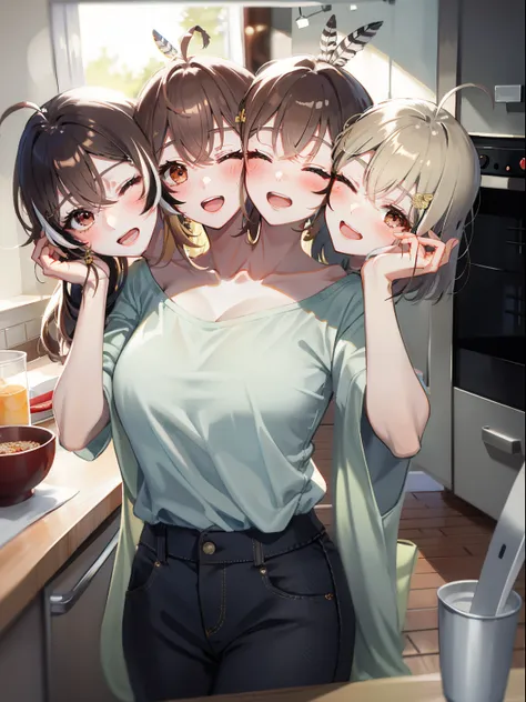 (masterpiece, best quality), best resolution, (3heads:1.5), 1girl, nanashi mumei, weary, headache, hangover, in pain, dizzy, blond hair, brown eyes, one eye closed, open mouth, light blue t-shirt, tan pants, hand on forehead, apartment kitchen