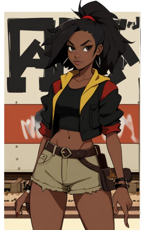 A rebellious young black woman doing graffiti at a a railroad underpass