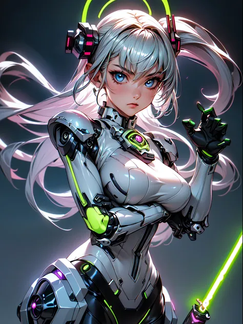 absurderes,(​masterpiece、top-quality,intricate detailes),ultra-detailliert、1beautiful woman,(Machine Girl 1.3),Purple long hair,(Mechanical body,mechanical arms :1.4),(greenr&Silver metallic body:1.3),(arma,lightsaber:1.3),Neon Light Parts,Red glowing neon...