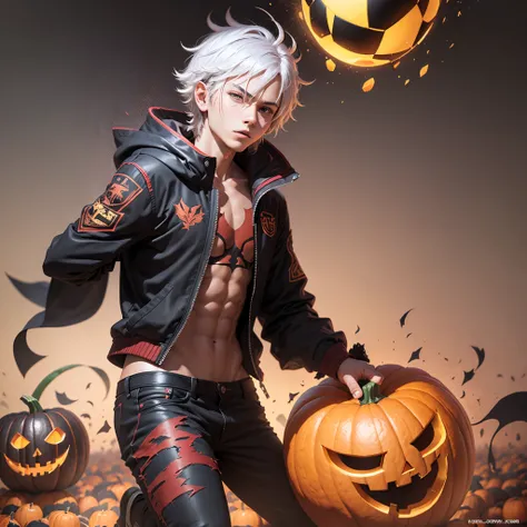 Young male demon king playing with pumpkin face soccer --auto --s2