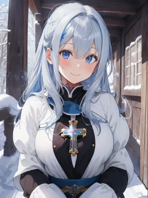 western church chapel,Front yard with lots of snow,fluffy hair,Gorgeous silver and blue two-tone hair,Iridescent light,(v Monastic uniform with a wide open chest)),(A monastery that looks spacious and warm),winter priest clothes,((Colorful tattoo of a larg...