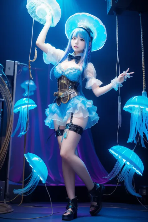 Female idol covered in jellyfish、full body Esbian、、Steampunk fashion covered in jellyfish（fluorescent blue and silver）、Luminescent、Colorful hair、