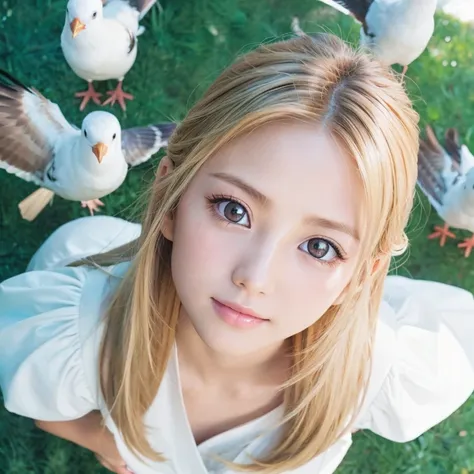 ((From directly above, birdseye view)), 1girl in,  Cute beautiful portrait of 20 years old、her eyes looking up at the camera,Solo Focus, breasts are small, facial presentation, Gaze towards the viewer, the splendor of the highest beauty、
clear white luster...