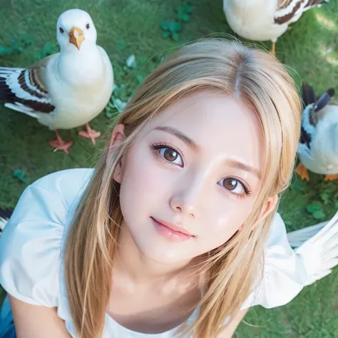 ((from directly above, birdseye view)), 1girl in,  cute beautiful portrait of 20 years old、her eyes looking up at the camera,sol...