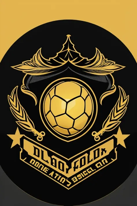 Football team crest，Black base，Both sides are golden yellow，football above，Below is a hand holding a football，The bottom is soccer