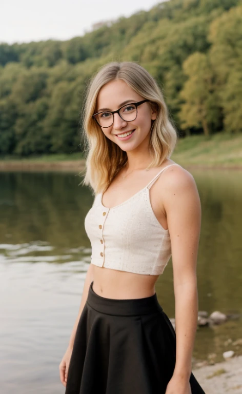 A 23 years old barefoot blonde beautiful woman, wearing a black skirt, a croptop and glasses, standing at a lake, facial freckles, calm smile, short wavy hair.