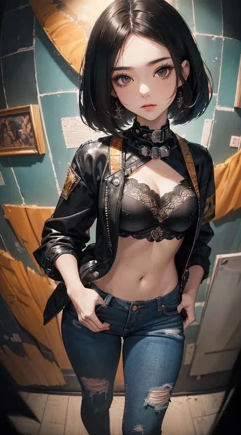 (((8k wallpaper of extremely detailed CG unit:1.2, ​masterpiece, hight resolution:1.2, top-quality:1.2, masutepiece))), ((a very beautiful woman, standing with hands in jacket pockets:1.8, Grunge Fashion:1.2, Wearing a blouson, Wearing skinny jeans, Wearin...