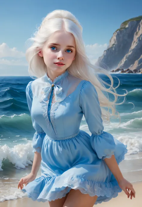 girl with white hair in a warm blue dress:1.5, blush on the cheeks, floats on the surf, seascape, I. K. Aivazovsky, (best quality,4k,8k,highres,masterpiece:1.2), ultra-detailed, (realistic,photorealistic,photo-realistic:1.37), HDR, UHD, studio lighting, ul...