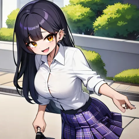 Young girl, black hair, assymetric hair, symetric bangs,japanese student outfit, dark green plaid skirt, nose and ear piercings, purple highlights in hair, bulging eyes, happy expression, in one school, japanese school, 4k, masterpiece, Anime, HD,