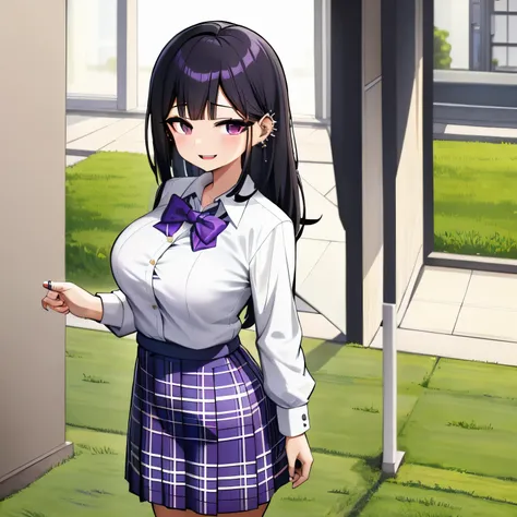 Young girl, black hair, assymetric hair, symetric bangs,japanese student outfit, dark green plaid skirt, nose and ear piercings, purple highlights in hair, bulging eyes, happy expression, in one school, japanese school, 4k, masterpiece, Anime, HD,