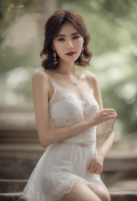 Chinese girl VN02, Shot on a Nikon Z7 II mirrorless camera,120 mm F/4 Wide angle Best quality, Masterpiece, Ultra detailed, Short white skirt，Grey Stockings, rendering by octane, Beautiful detailed eyes, ultra detailed hair,The skin has a spotted spot， Gra...