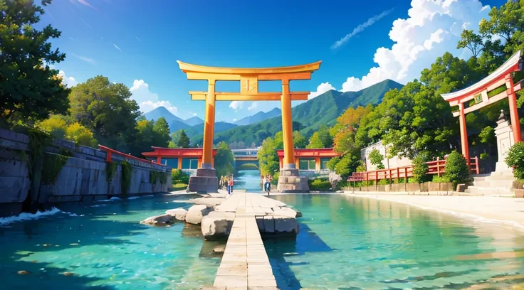 a golden torii, clear water