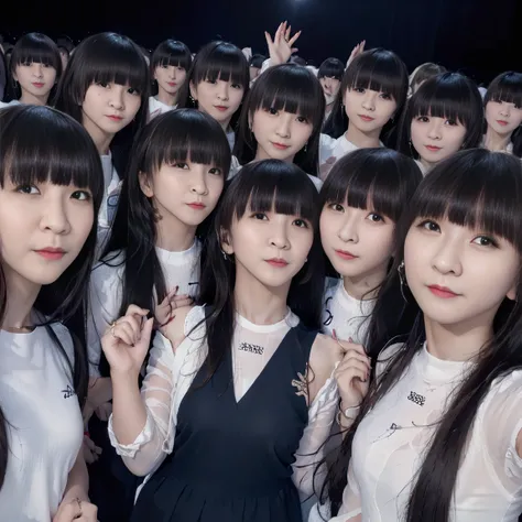 a picture、(((multiple girls))),((((6+girls)))),((((100girls)))),(((1000girls)))、((((100 Girls))))、(((crowd shot))),Women only、The same face、matching school uniform、12 years old、Long black hair、100 cute girls、ssmile、Selfie stick、‎Classroom、Raw photo、(((Larg...