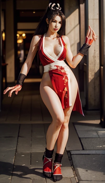 mai shiranui, Brown eyes, The whole body is reflected,Toes are visible, Standing, Full body, Prestige, Long hair, Brown hair, White ribbon, Sleeveless, poneyTail, sash, pelvis curtain, arm guards, mitts, tabi, fascinated expression, Sexy eyes, medium breas...