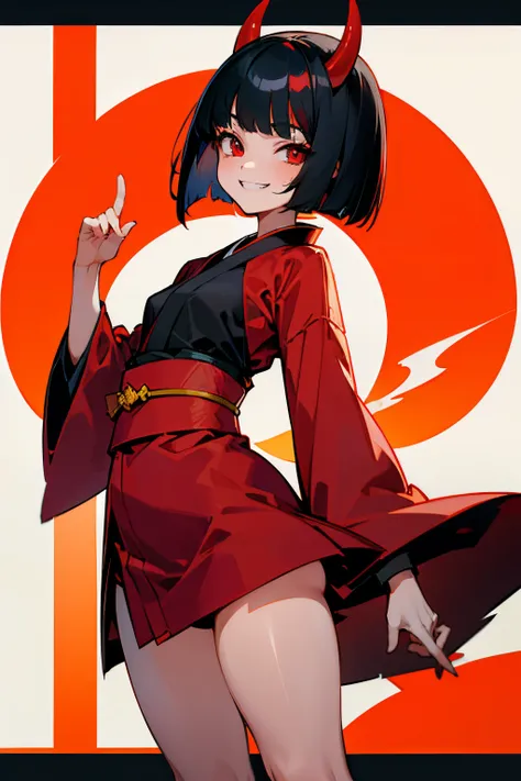 redraw, 1girl, loli, red kimono, red eyes, bob cut, black hair, small breasts, thighs, grin, red horns