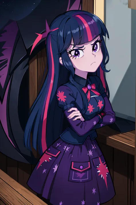 a close up of a cartoon girl with a pony in a room, dark cool twilight, cool twilight, twilight sparkle, but a stern look about ...