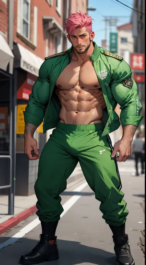 (masterpiece, best quality ), 1man,  7000 cm, extremely muscular, short green and pink  hair, brown eyes, intricate, () , full body, white army uniform, open green jacket, vivid colors,(depth of field:1.2),(abs),blush, looking at viewer, spread legs, shirt...