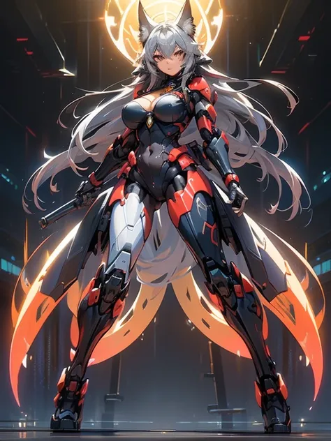 (masterpiece), (best quality:1.4), (perfect anatomy:1.4), high quality, expressive eyes, full body, tall girl, detailed face, beautiful face, perfect face, breasts, cleavage, gloves, huge breasts, cyberpunk, (black armor), long hair, ((tanned skin)), strai...