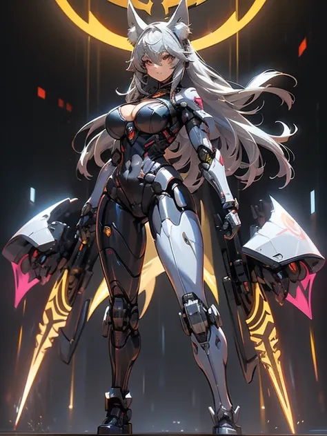 (masterpiece), (best quality:1.4), (perfect anatomy:1.4), high quality, expressive eyes, full body, tall girl, detailed face, beautiful face, perfect face, breasts, cleavage, gloves, huge breasts, cyberpunk, (black armor), long hair, ((tanned skin)), strai...