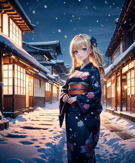 (​masterpiece),(top-quality:1.2),1girl in,(masuter piece:1.3),exquisitedetails, Highest quality 8K resolution,Vibrant colors, Warm and gentle lighting,(Black floral kimono:1.3),(Lots of lanterns),(Smooth straight blonde hair:1.4),(Hair parted in the middle...