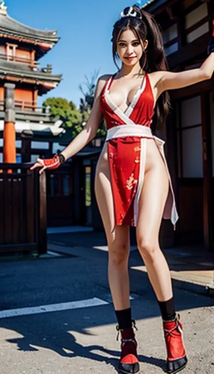 mai shiranui, Brown eyes, The whole body is reflected,Toes are visible, Standing, Full body, Prestige, Long hair, Brown hair, White ribbon, Sleeveless, poneyTail, sash, pelvis curtain, arm guards, mitts, tabi, fascinated expression, Sexy eyes, medium breas...