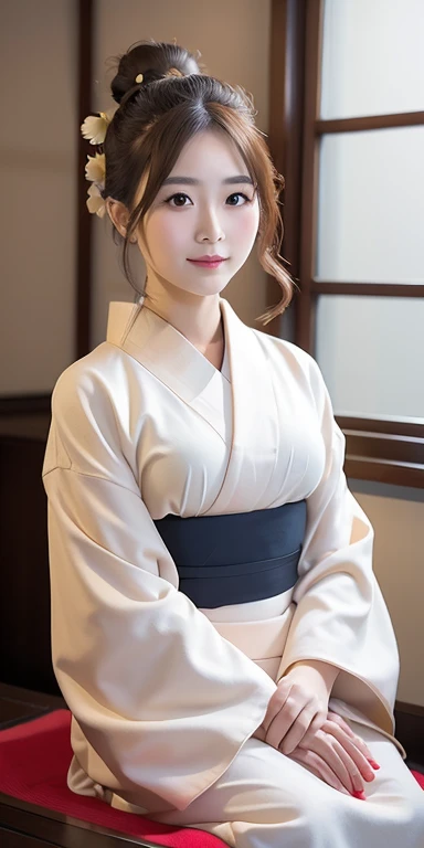 photorealistic, solo, beautiful Japan woman, traditional kimono, natural figure, soft smile, impressive gaze, traditional hairstyle, Japanese room at dusk, sitting by the window, illuminated by city lights, (attractive pose), professional photographer, sha...