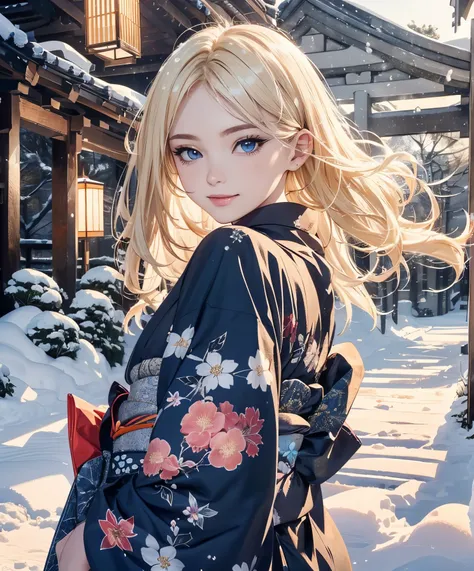 (​masterpiece),(top-quality:1.2),1girl in,(masuter piece:1.3),exquisitedetails, Highest quality 8K resolution,Vibrant colors, Warm and gentle lighting,(Black floral kimono:1.3),(Lots of lanterns),(Smooth straight blonde hair:1.4),(Hair parted in the middle...