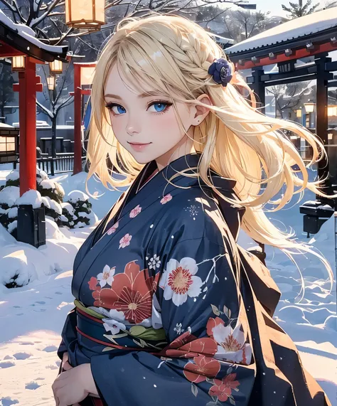 (​masterpiece),(top-quality:1.2),1girl in,(masuter piece:1.3),exquisitedetails, Highest quality 8K resolution,Vibrant colors, Warm and gentle lighting,(Black floral kimono:1.3),(Lots of lanterns),(Smooth straight blonde hair:1.4),(Hair parted in the middle...