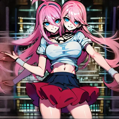 (masterpiece, best quality), best resolution, (2heads:1.5), 1girl, teen, perfect anatomy, 1girl, perfect face, expressive eyes, perfect eyes, large bust, large breasts, long hair, hair spreading across screen, slim body, miuiruma, miu iruma, ahoge, pink ha...