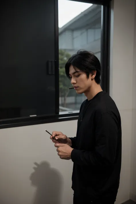 sketching，Manhwa Style，A boy&#39;s profile，black color hair，he is smoking