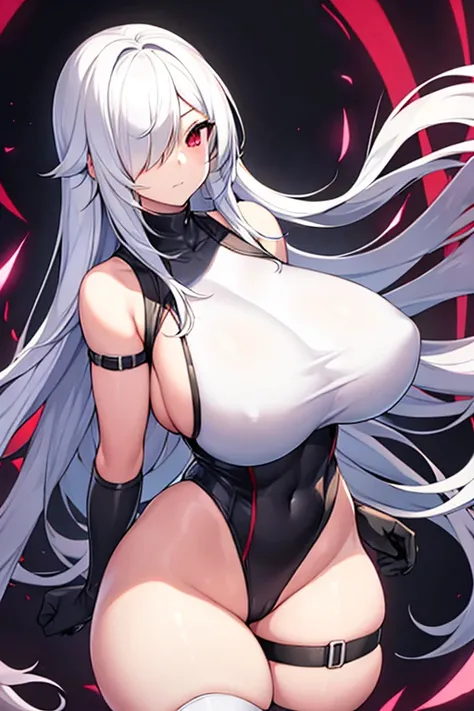 1girl, white hair, leotard, futuristic, bodysuit, thick thighs, wide hips, large breasts, breasts, long hair, red eyes, one-eye covered, serious, hair over one eye, hair over one-eye, science-fiction, thigh strap, sleeveless, black leotard, black clothes, ...