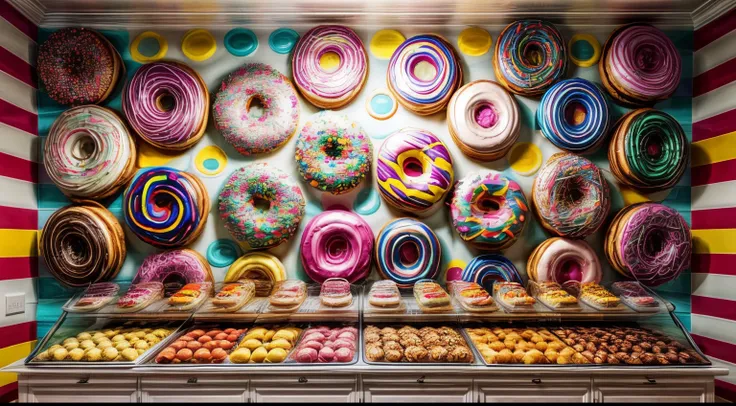 A room filled with colorful donuts all over the wall