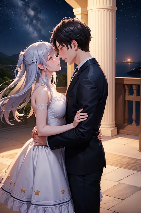 "a passionate couple (man and woman) Kissing under the moonlight, stars shining bright, Describe their love story, scenic view, stunning detailed, 超詳細, High quality 4k images."