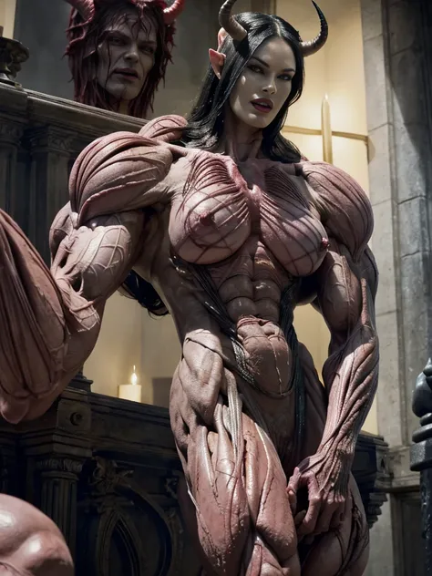 (carnage skinless physique:1.5), (megan-fox:1.5), (1 super muscular undead skinless succubus with gigantic horns:1.5), (covered in red necrotic rotting skinless muscle:1.5), (exposed muscular anatomy:1.5), (perfect fingers:1.25),(8k, RAW photo, photorealis...