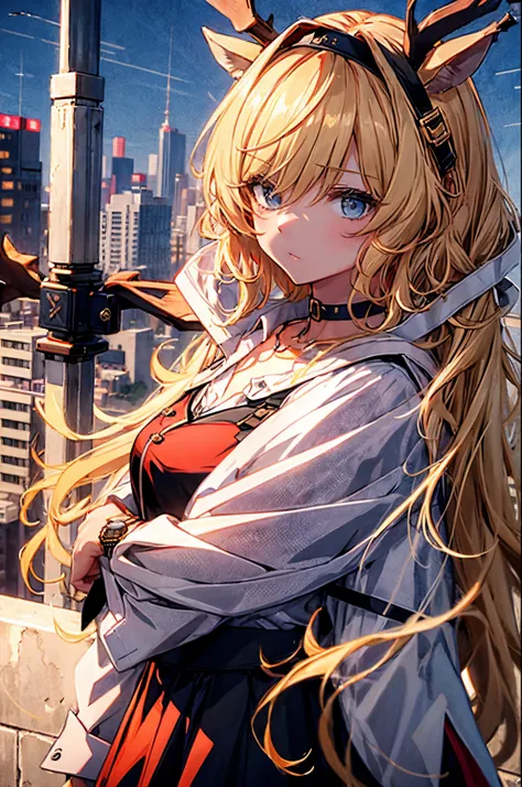 Best quality，tmasterpiece，1个Giant Breast Girl，Blonde hair，messy  hair，curled_the hair，The shirt，a skirt，only，Jie Kang，Red_the bow，Wrist watch，choker necklace，looking over city，8K original image，超高分辨率，highest details，复杂，8K，HighDynamicRange